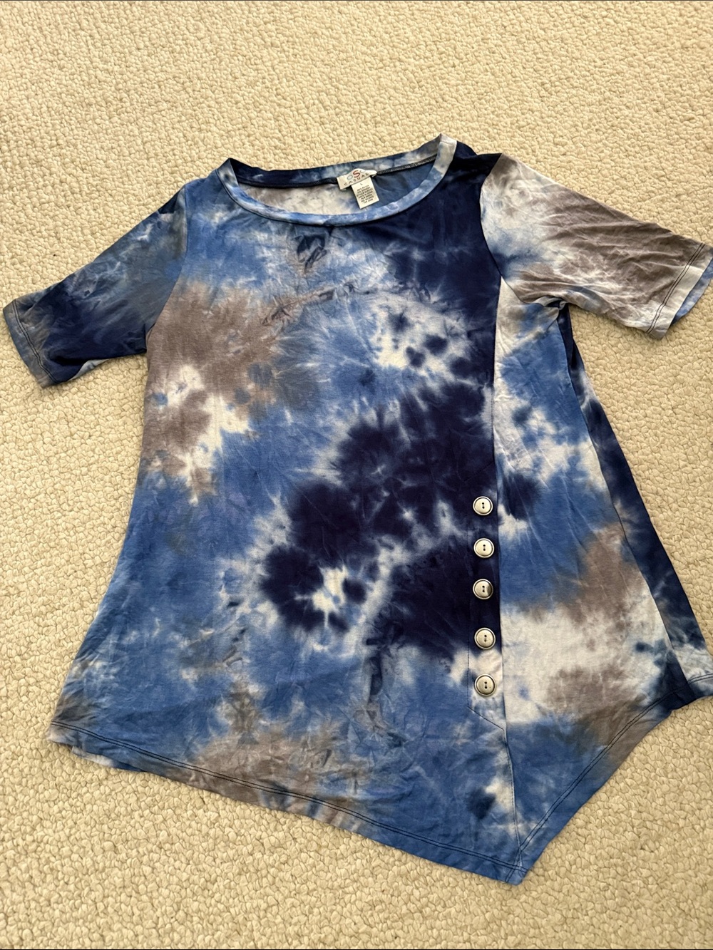 Short Sleeve Blue Tie-Dye Tunic with Side Button Accent